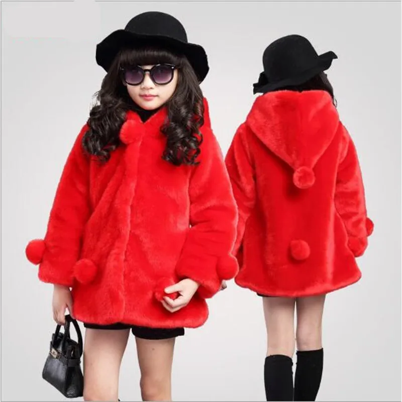 2018 Girls Thick Fake Fur Warm Jacket Imitation Rabbit Hair Outwear Children Faux Coat Teenage Hooded Overcoat QV126 | Детская одежда и