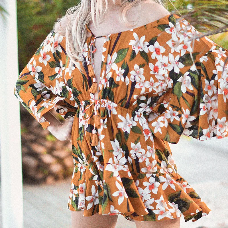 Сексуальное короткое платье с цветочным принтом на шнуровке женское Элегантное