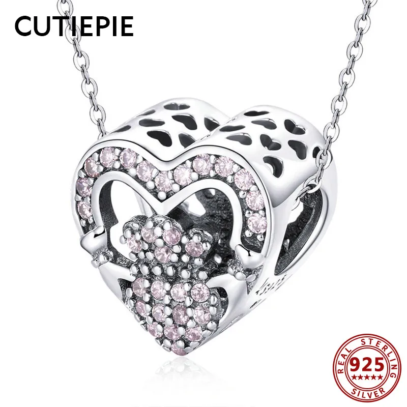 CUTIEPIE новые реальные 925 пробы Серебряное сердце форма прозрачный розовый CZ бусины