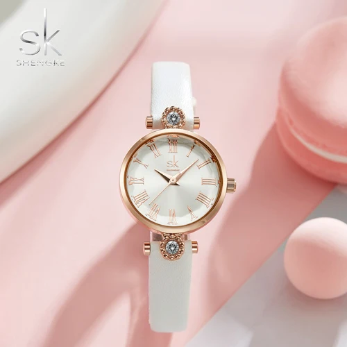 white Shengke роскошные женские часы, кварцевые часы с кожаным ремешком, Кристальный циферблат, украшение, водонепроницаемые женские наручные часы, Relogio Feminino - Цвет: white
