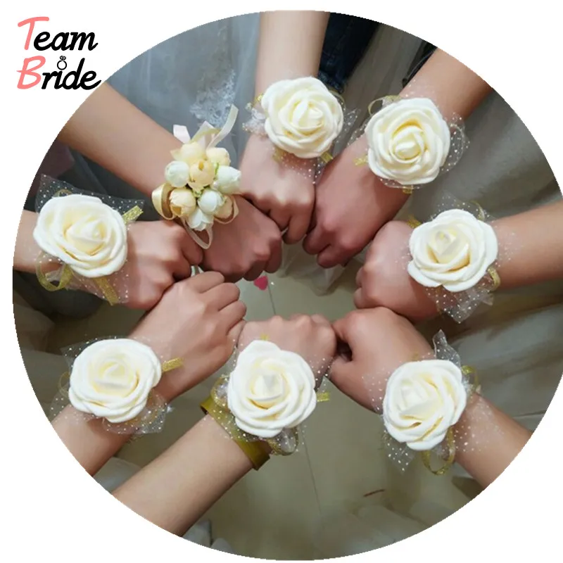 

Team Bride 3PC Wedding decoration Artificial Rose Wrist Flower Bridesmaids Wedding Gifts for Guests Bridal Party Favors Supplies