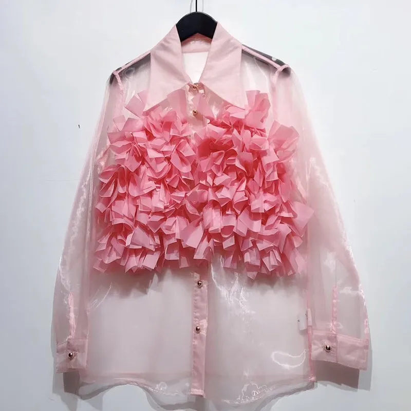 Женская блузка с оборками TWOTWINSTYLE летняя длинными рукавами и отложным воротником