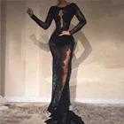 Сексуальное черное кружевное платье-Русалка для выпускного вечера 2018 иллюзионное вечернее платье с длинным рукавом с высоким разрезом на молнии сзади длинное платье