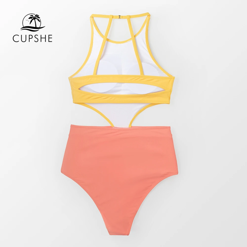 Желтый и розовый слитный купальник CUPSHE женский сексуальный Монокини с бантом