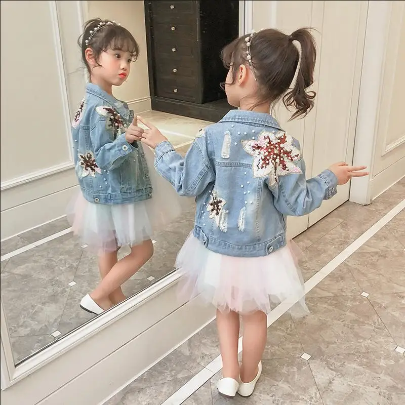 Демисезонная джинсовая куртка для девочек с вышивкой бисером и блестками Y1303 |