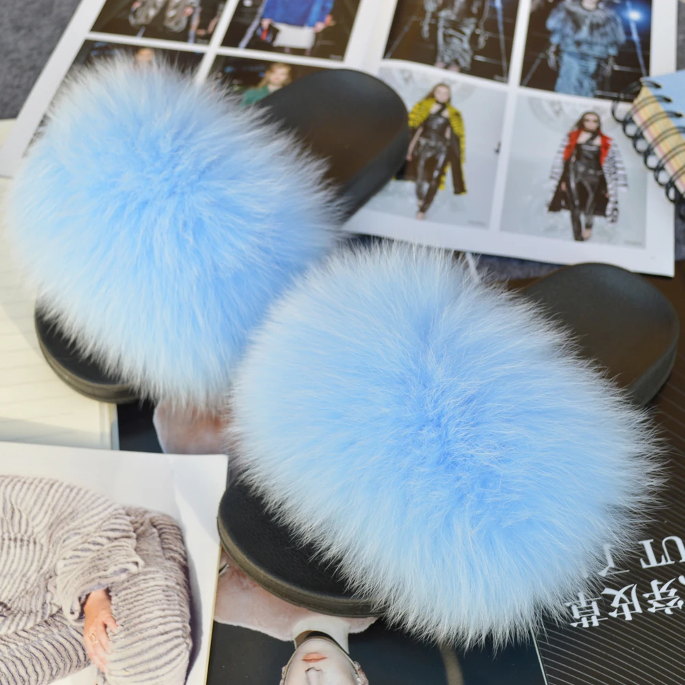 Шлепанцы женские из натурального Лисьего меха летние сандалии на плоской