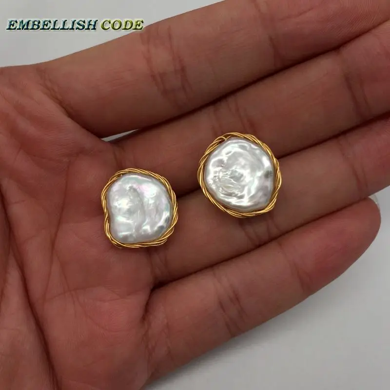 

2018 NEW AB style Design Hand made jewelry elegant Irregular pearl golden color flat flower real natural pearls stud earrings