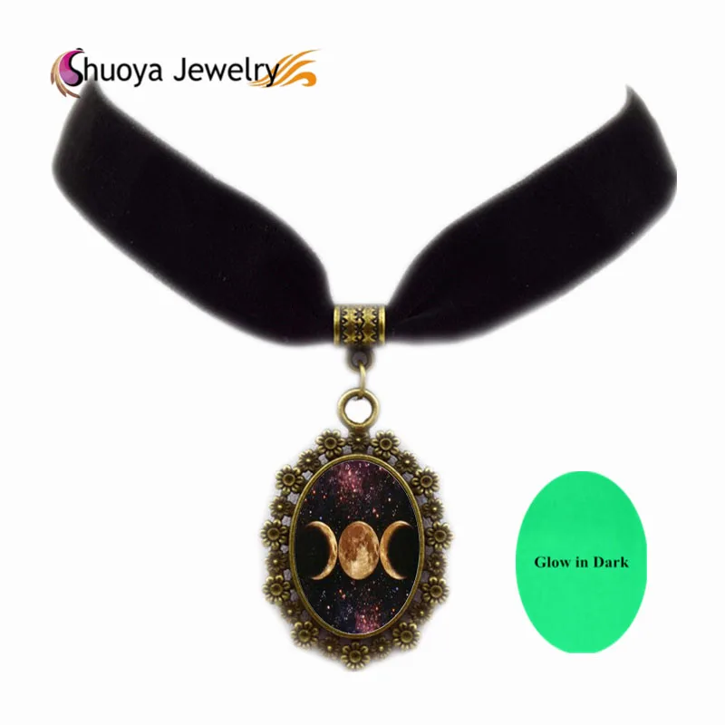 Тройной Луны Ras du cou светящиеся черной бархатной лентой Стекло Colliers et Pendentifs