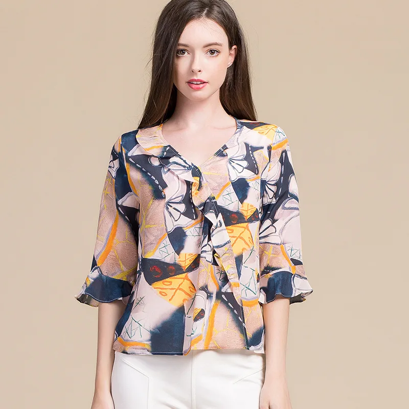 Korean Style Summer Women 100% Real Silk Blouses Three Quarter Print V-neck Flare Sleeve Office Lady Shirts OL Blouses 8043