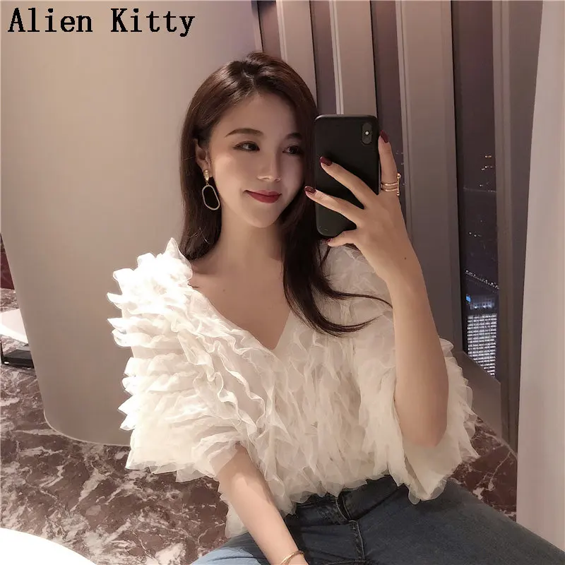 Женский свободный топ с оборками Alien Kitty повседневный однотонный v образным