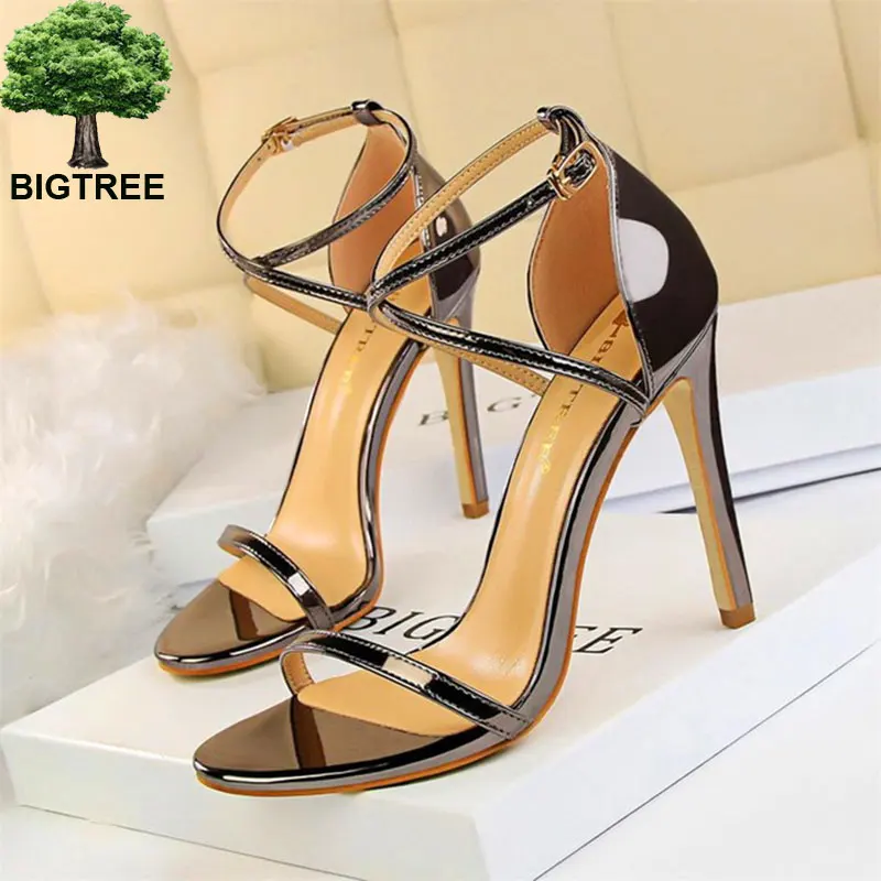 

Bigtree Show Thin Cross Strap Women Sandals Patent Leather Concise Summer High Heels 11cm Shoes Open Toe Women's Office Sandals