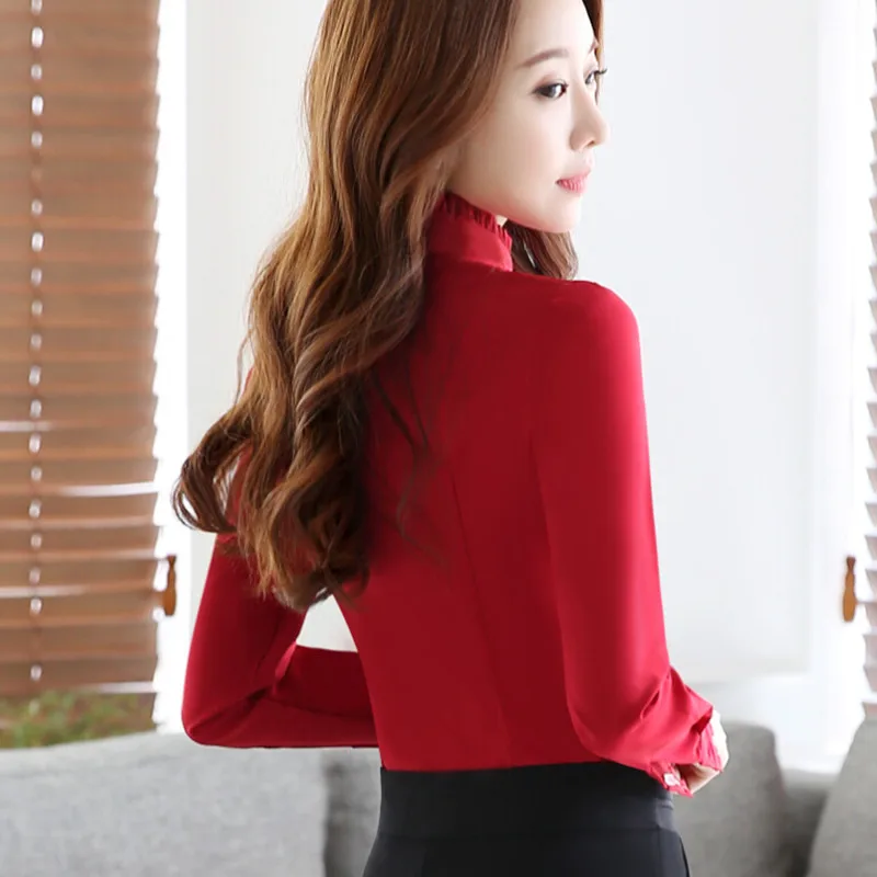Осенняя формальная женская красная рубашка с длинным рукавом OL Новая Элегантная