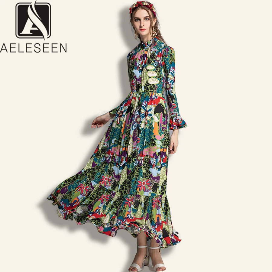AELESEEN, высокое качество, платья в стиле бохо,, лето, весна, женское платье с расклешенными рукавами, оборками, цветочным принтом, стоячим воротником, Пляжное длинное платье