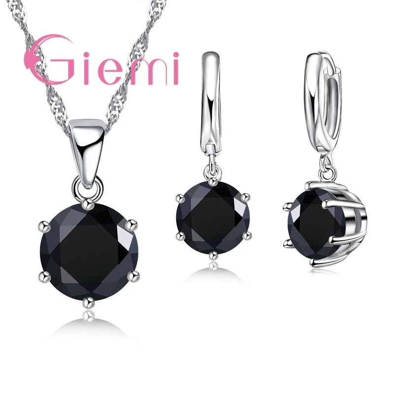 

Best Gift For Women Chic Prong Setting Cubic Zirconia Gorgeous Earrings+Necklace Set 925 Sterling Silver Black Crystal