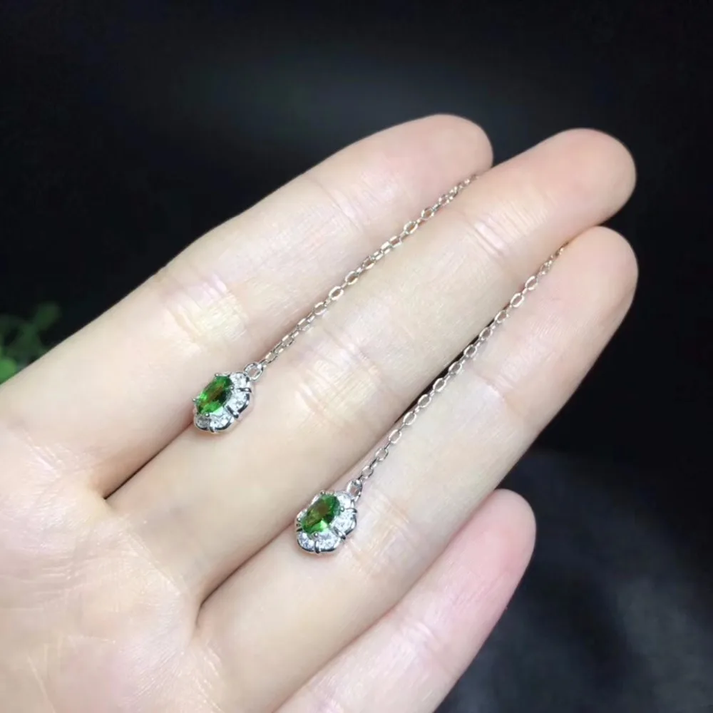 Женские серьги-капли Uloveido серебро естественный диопсид пробы 4 Х6 мм х2 шт.