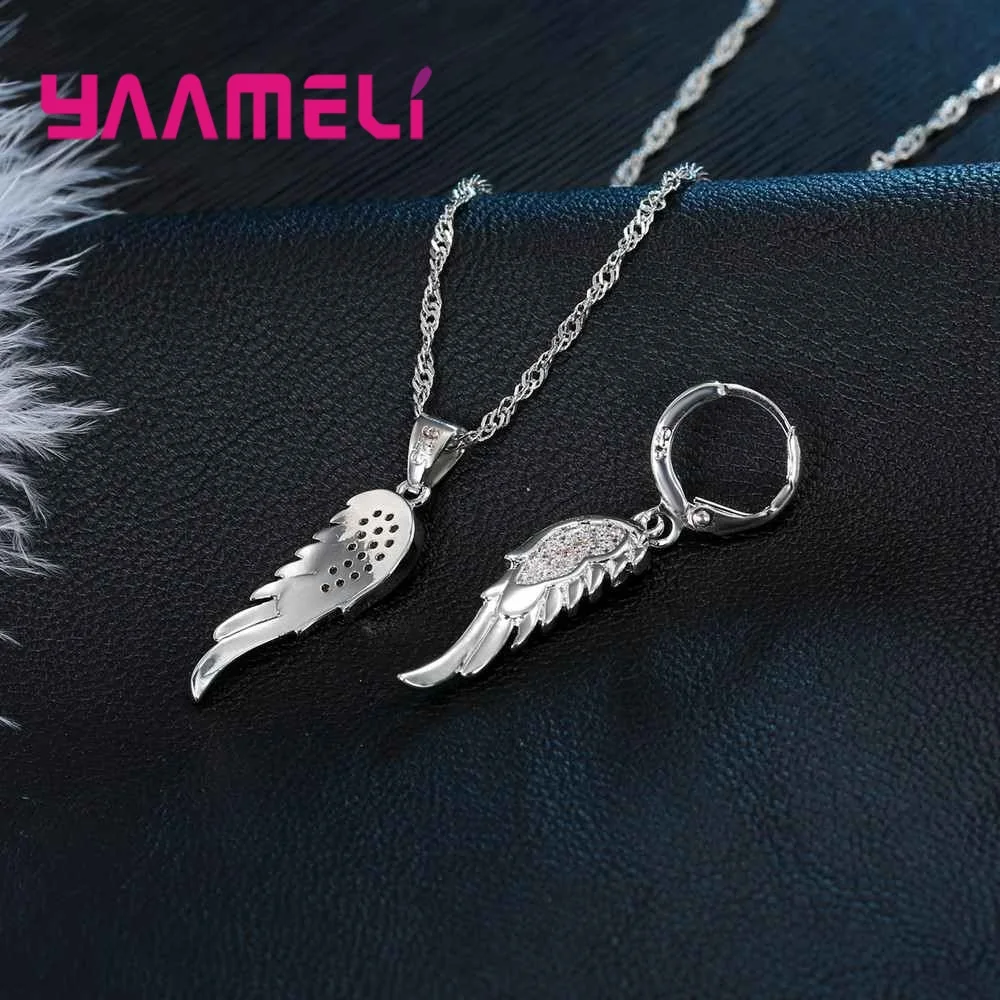 Angle Wing 925 пробы Серебряное ожерелье с подвесками висячие серьги набор для свадьбы для женщин CZ циркон обручальные ювелирные наборы
