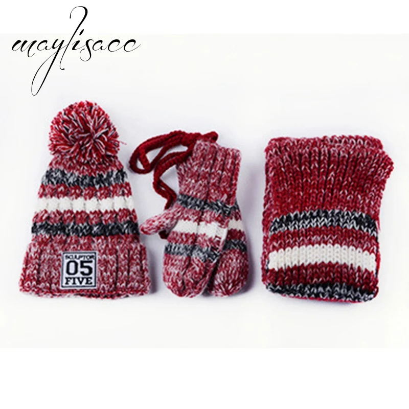 Wine Red Maylisacc, 3 шт./набор, женская зимняя теплая вязаная шапка, шапка, шарф с перчатками, модная для девушек,, Рождественский подарочный набор - Цвет: Wine Red