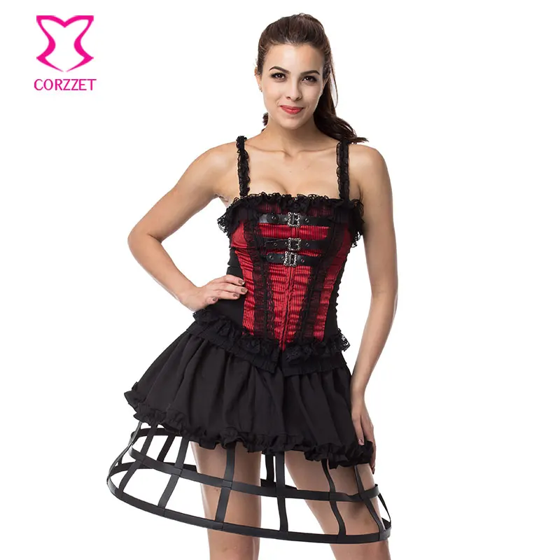 Красно черная молния корсет с ремнями в викторианском стиле кружевной