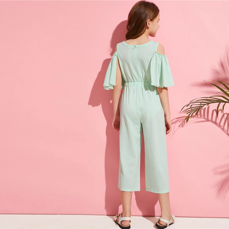 SHEIN/детский однотонный повседневный комбинезон с открытыми плечами и пуговицами сбоку для девочек; коллекция года; сезон лето; свободные длинные Комбинезоны на молнии с рукавами-воланами