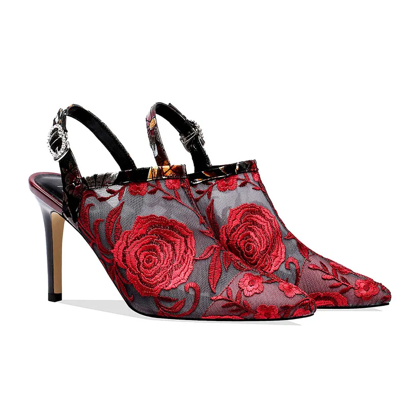 ISNOM сетки новые туфли-лодочки Для женщин Slingback высокие ботинки на каблуках свадебные печати вышивать женская обувь Женские ботинки с острым носком летние
