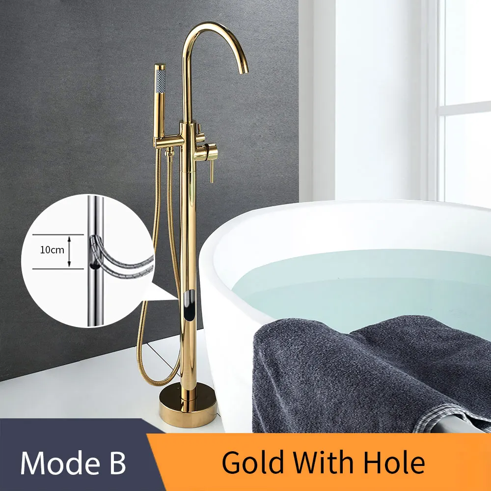 B-Gold With Hole Кран для ванны, латунный золотой напольный кран для ванной, поворотный носик, одна ручка, наполнитель для ванной, ручной душ, опрыскиватель, смеситель, 6021K - Цвет: B-Gold With Hole
