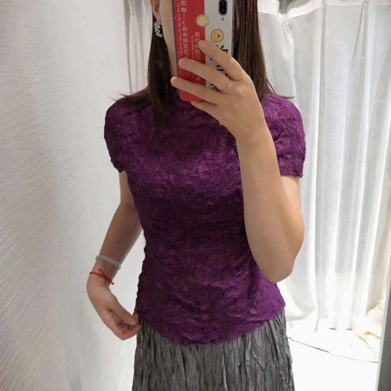 Changpleat летние новые женские футболки топы Miyak плиссированные модные со стоячим воротником Твердые с коротким рукавом большие эластичные женские футболки