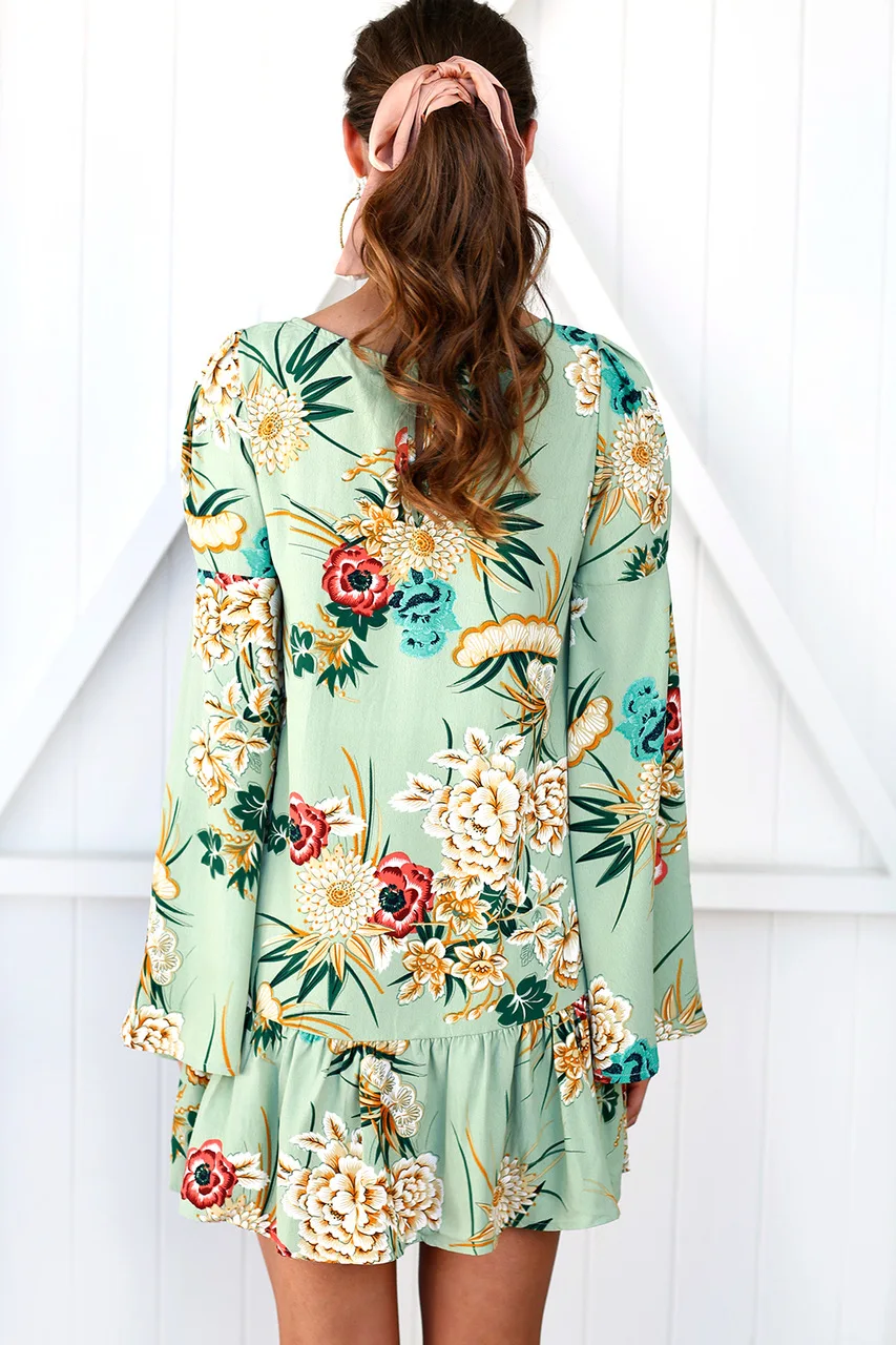 Модные женские туфли с расклешенными рукавами Цветочный принт длинным рукавом