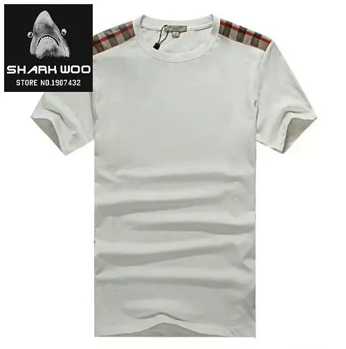 Free Shipping 2015 Men Fashion Designer Plaid Fabric On Shoulder Summer T-shirts/Top Quality Cotton Tees/Tops BT1501 S-XXL 