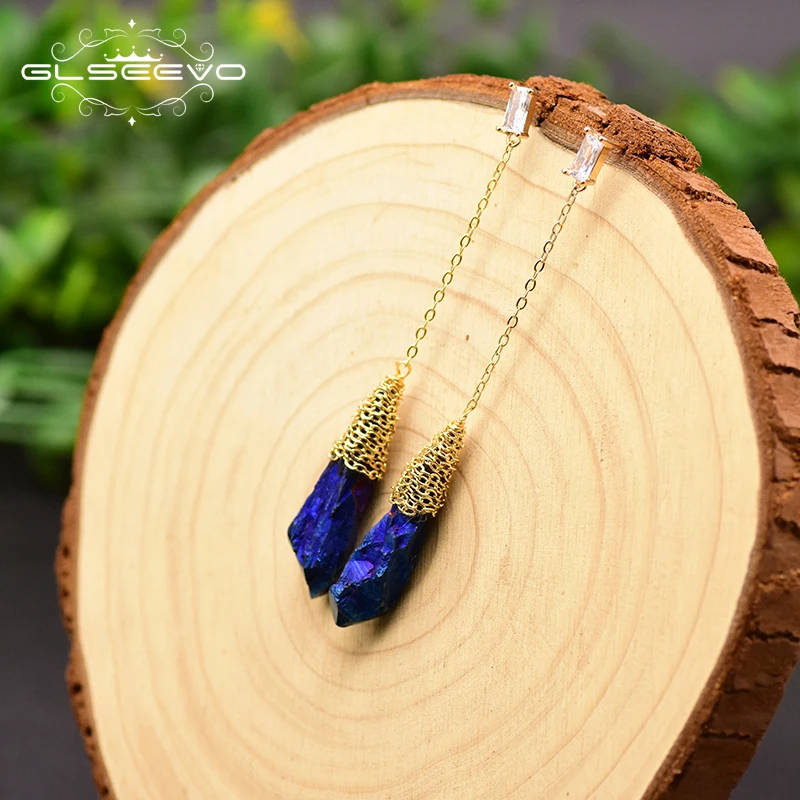 

GLSEEVO Handmade Water Drop Irregular Dark Blue Crystal Rough Long Drop Earrings For Women Party Birthday Gift Jewelry GE0791A