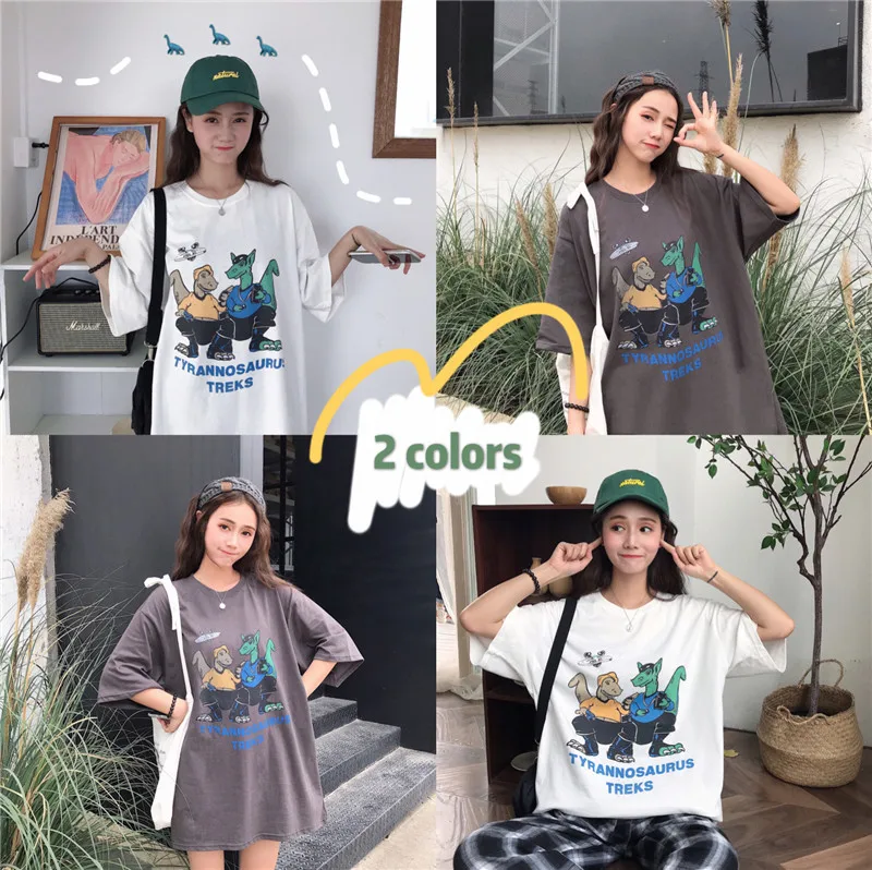 Футболка с рисунком динозавра туника в стиле панк женские футболки Япония Kawaii