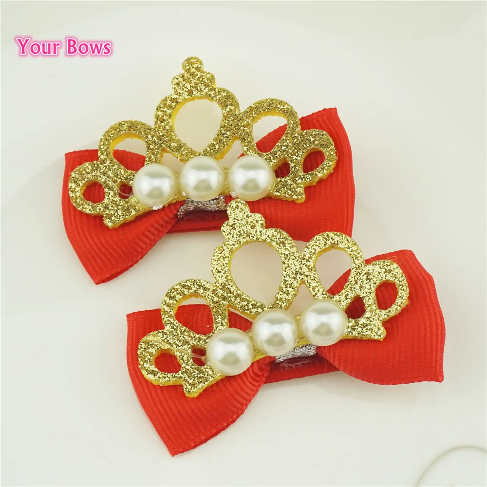

Your Bows 2Pcs Shiny Leather Crown Pearl Hairpins Stylish Barrettes Ribbon Bows Hair clips Accessories