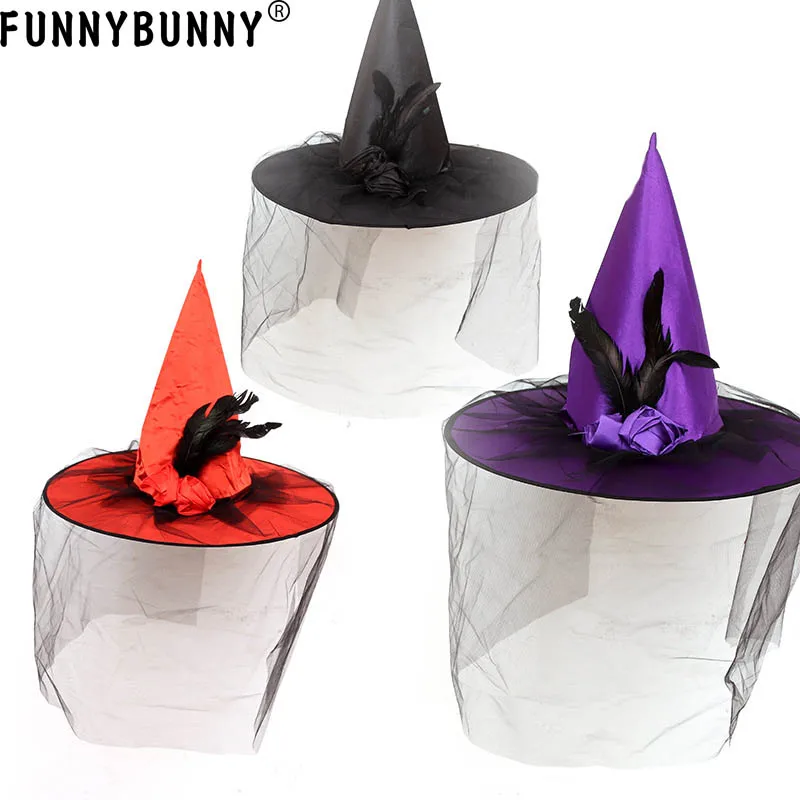 FUNNYBUNNY высокий шляпа ведьмы с перьями вуаль дамы Хэллоуин нарядное платье