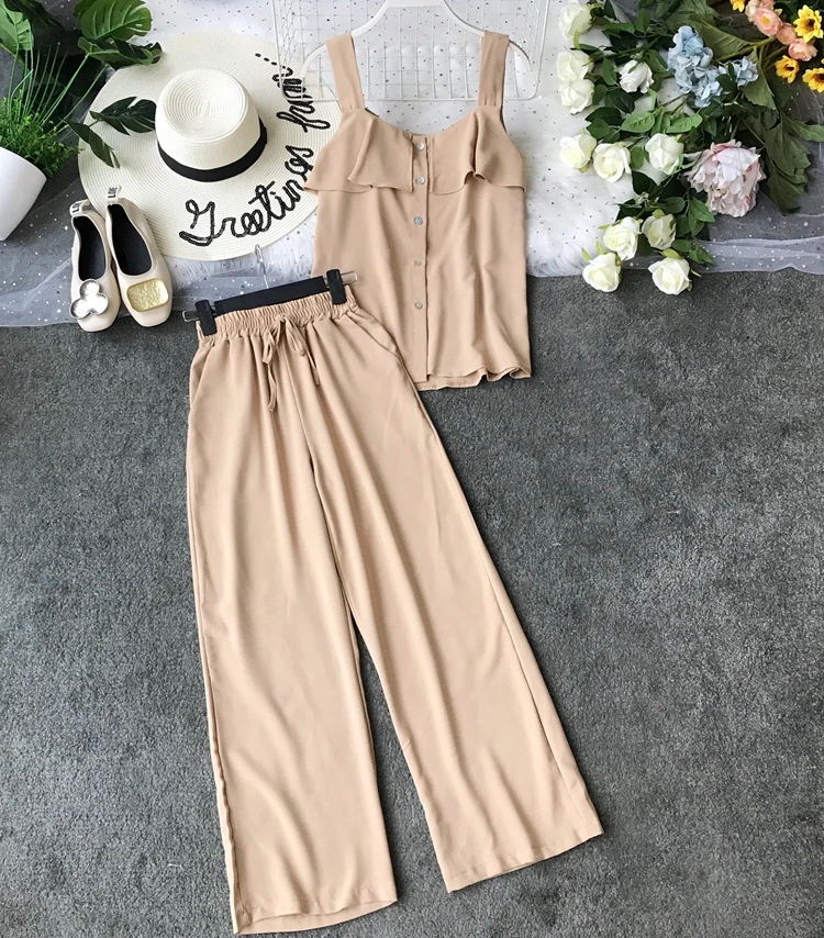 ALPHALMODA/ летний однобортный Топ с оборками+ широкие брюки, Женский повседневный комплект из 2 предметов, женские летние однотонные штаны, костюмы