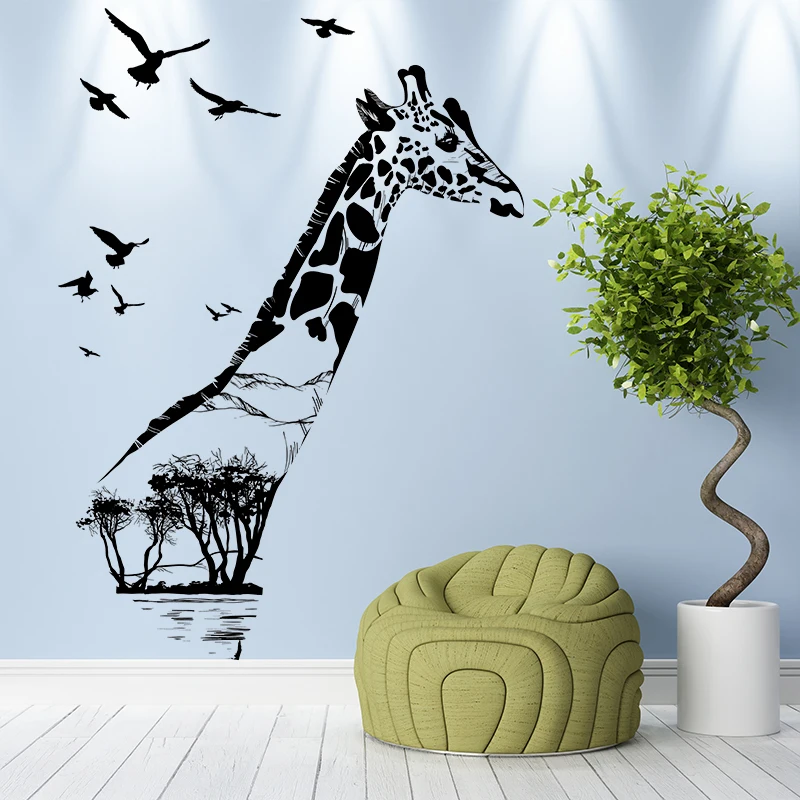 3D наклейка с жирафом и птицами силуэт ПВХ для дома декоративный фон декоративные