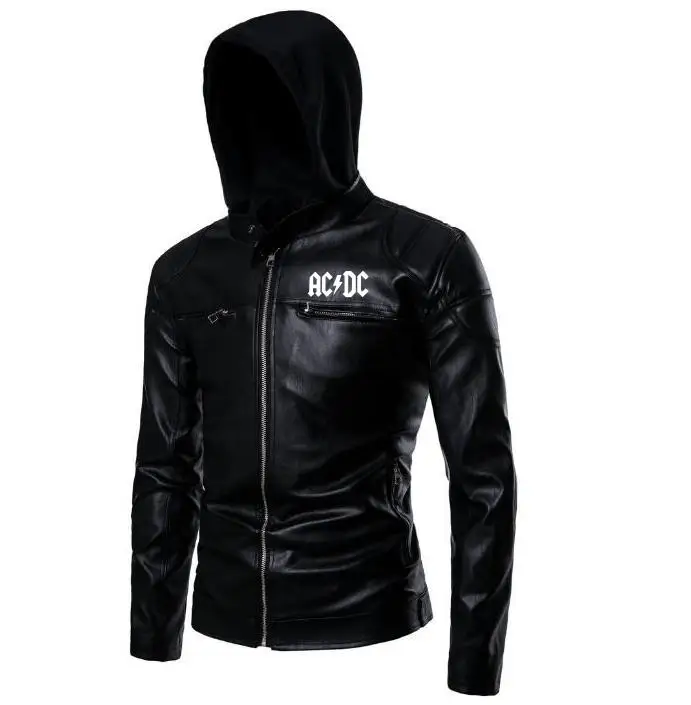 Модная Новая черная ACDC кожаная куртка с капюшоном мужская Тонкая мотоциклетная