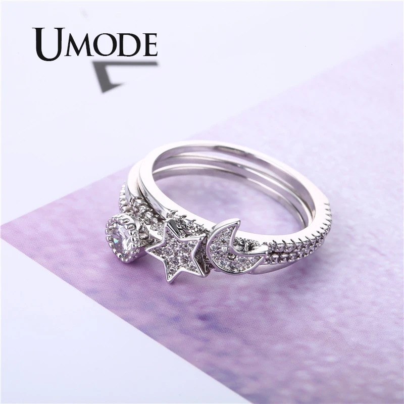 UMODE Star Promise, свадебные кольца, наборы для женщин, кубический цирконий, 3 штуки, роскошные обручальные кольца, массивные ювелирные изделия UR0510