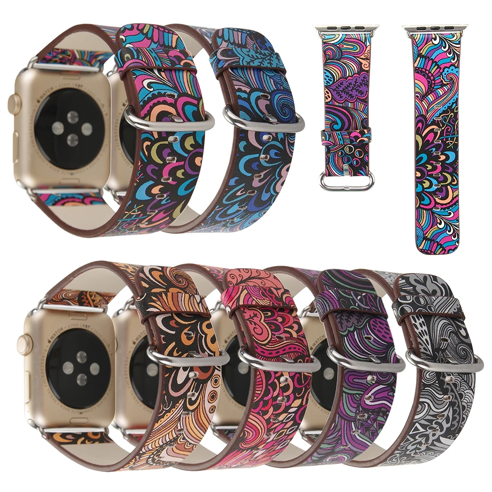 Ремешок для часов Apple Watch 3 2 1 Модный узор цветочный принт натуральная кожа