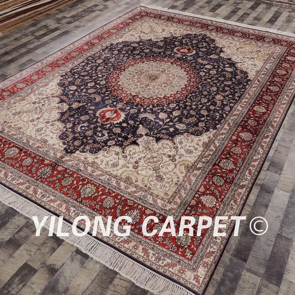 Goedkoop Yilong 9'x12 'Antieke Tabriz Zijde Kleed Grote Donkerblauw Vantage Turkije Handgemaakte Zijden Tapijt (LH08B9x12)