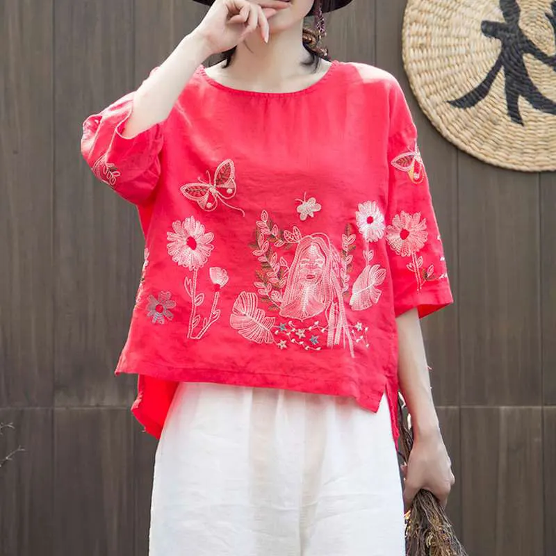 F&ampje New Summer Women Tshirt Plus Size Flower Embroidery Vintage Cotton Linen Tee Shirt Femme Short Sleeve O-neck Tops Big HXJ14 | Женская