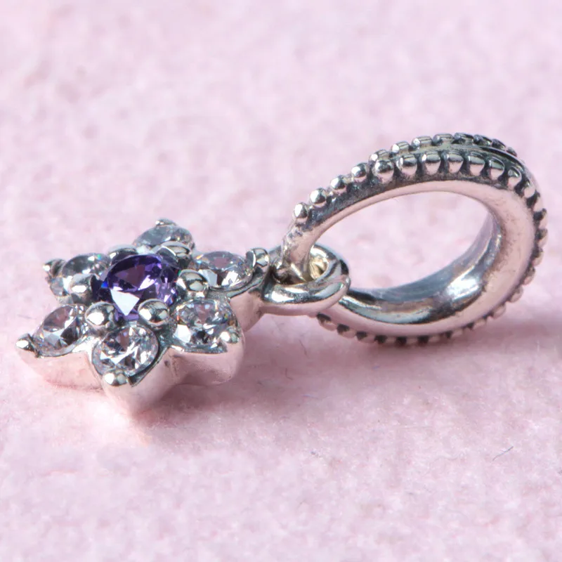 Весенний новый подвесной чарм "Незабудка" из стерлингового серебра 925 с фиолетовым кубическим цирконием, подходит для браслетов Pandora, ювелирных изделий для творчества.