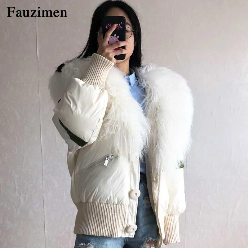white-02 2018new Зима high street натуральная шерсть меха куртка-пилот однобортный фасон меховой воротник съемный стеганый Женская пуховая куртка - Цвет: white-02