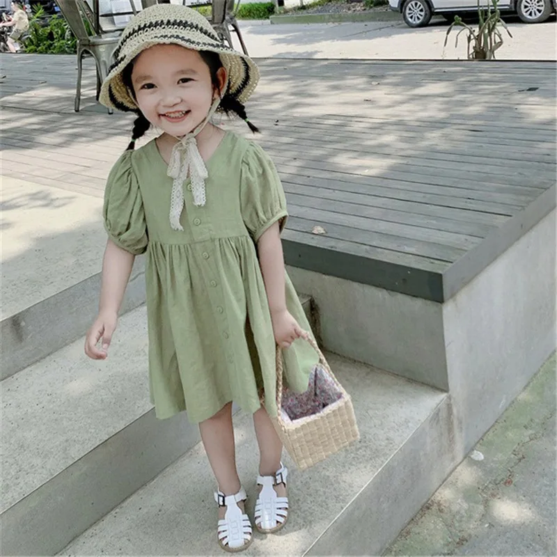 2019 Korean style cute girls solid color loose dress cotton single-breasted casual dresses 2-6Y | Детская одежда и обувь