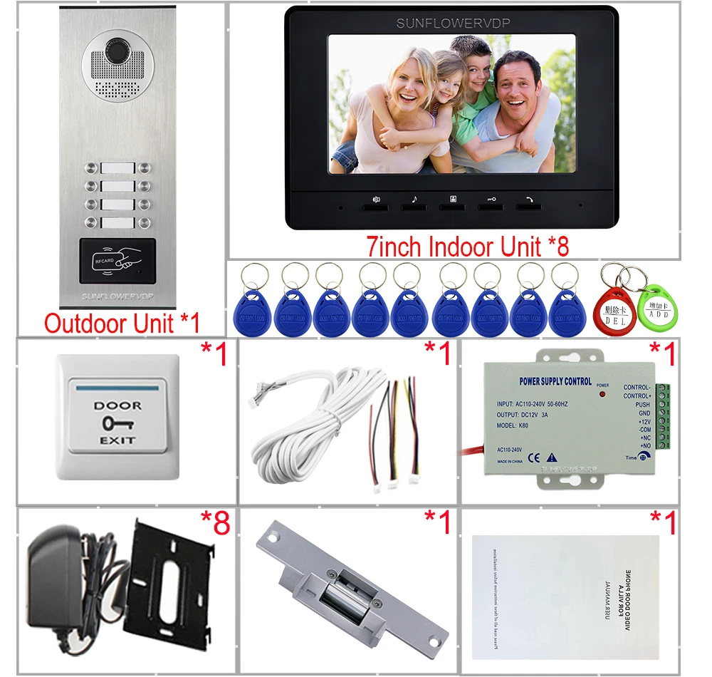 For 8 Apartments Video Door Entry System Home Keys to The Intercom 7inch Access Control +Electric Strike Lock | Безопасность и