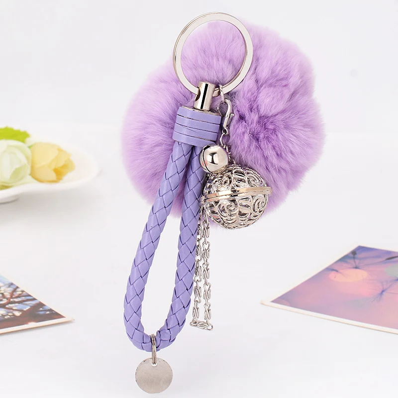Металлический колокол брелок кожаный шнур из меха меховой помпон для ключей
