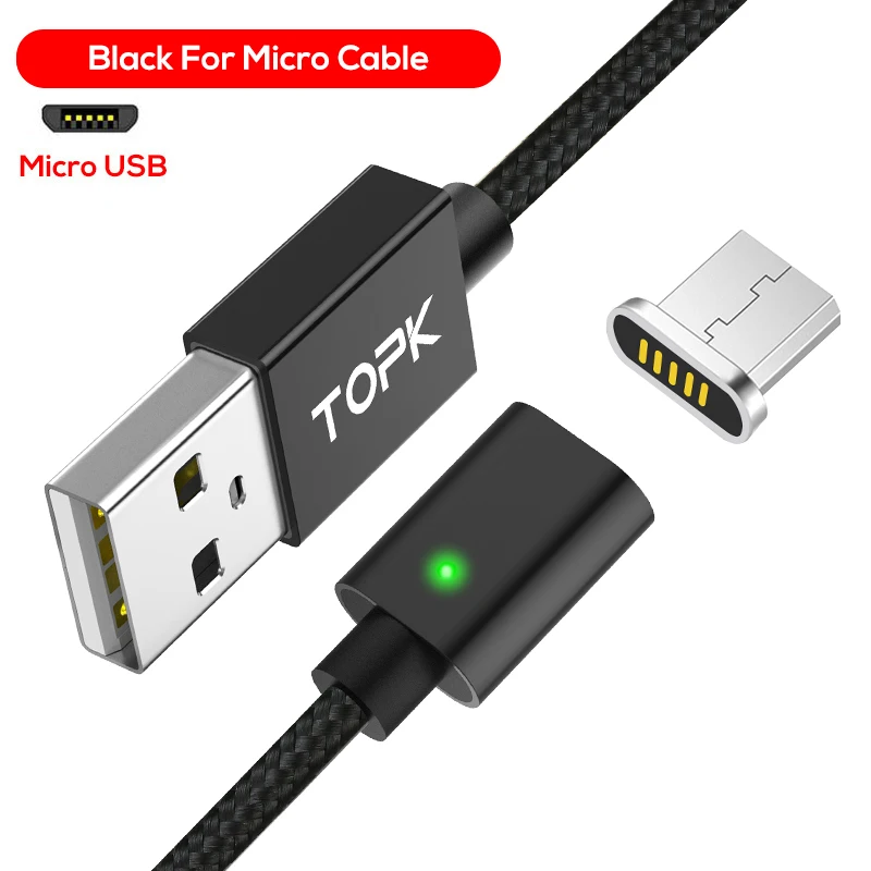 TOPK, магнитный светодиодный кабель с индикатором, кабель usb типа C и кабель Micro USB, адаптер, нейлоновая оплетка, магнитный кабель для зарядки и синхронизации данных - Цвет: Black Micro Cable