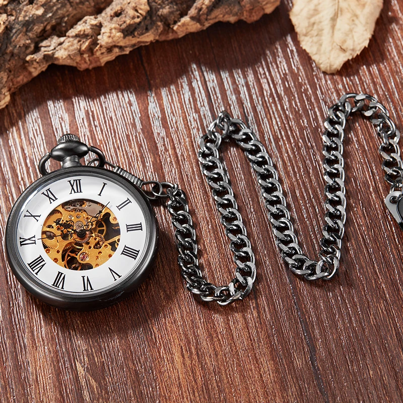 

Unique Mechanical Pocket Watch Men Women Black white Watch Gold Mechanical Movement Hand Wind Clock Fashion Fob Chain Pendants