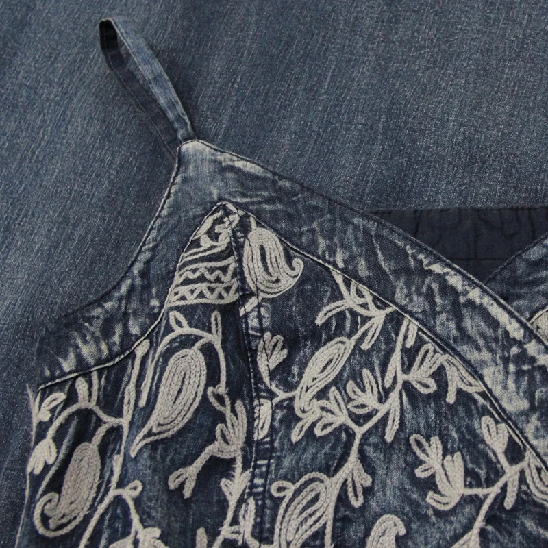 YSSAYSSX винтажное платье с поясом и кисточками Новое вышитое джинсовое v-образным