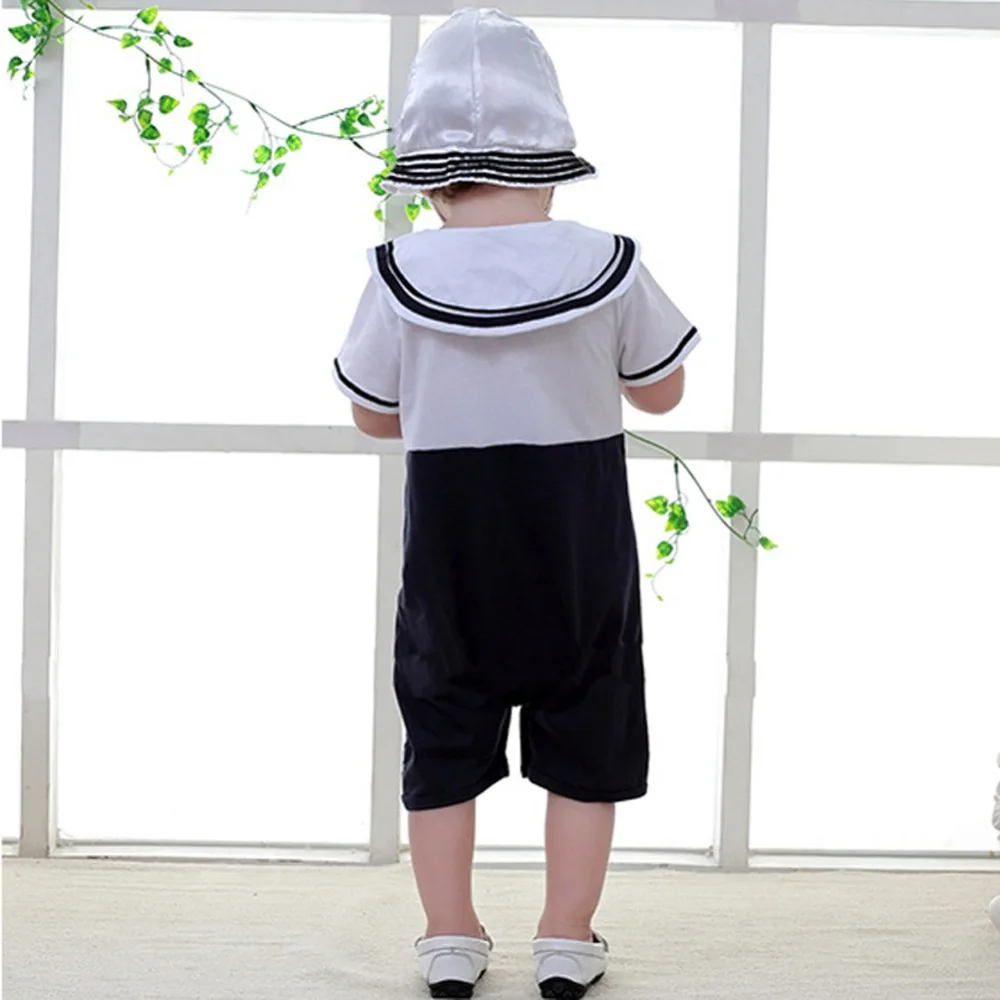 2 Pcs Baby Boy Sailor Jumpsuit Marine Navy Short Sleeve Romper + Hat Outfit Sets Suit for 2-18 Months |