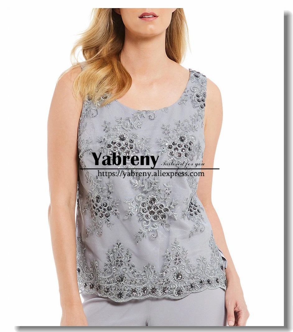 

Modern Sequins Lace Overlay Top Trousers set Mother special occasion pant suit wear Black