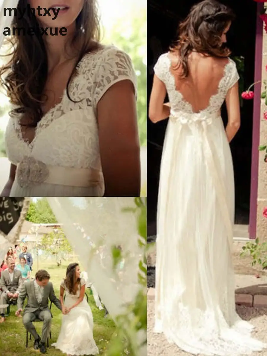 

2020 New Short Chiffon And Satin V-neck Sweep Train Floor-length Backless Beach Cap Sleeve Boho Beach Lace Wedding Dress